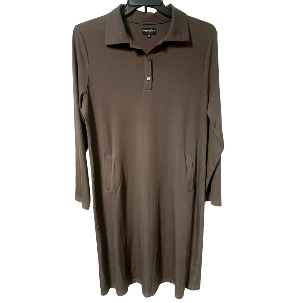 Mayas Place Brown Ribbed Polo Midi Dress Long Sleeve Pocketed Plus Size 1XL